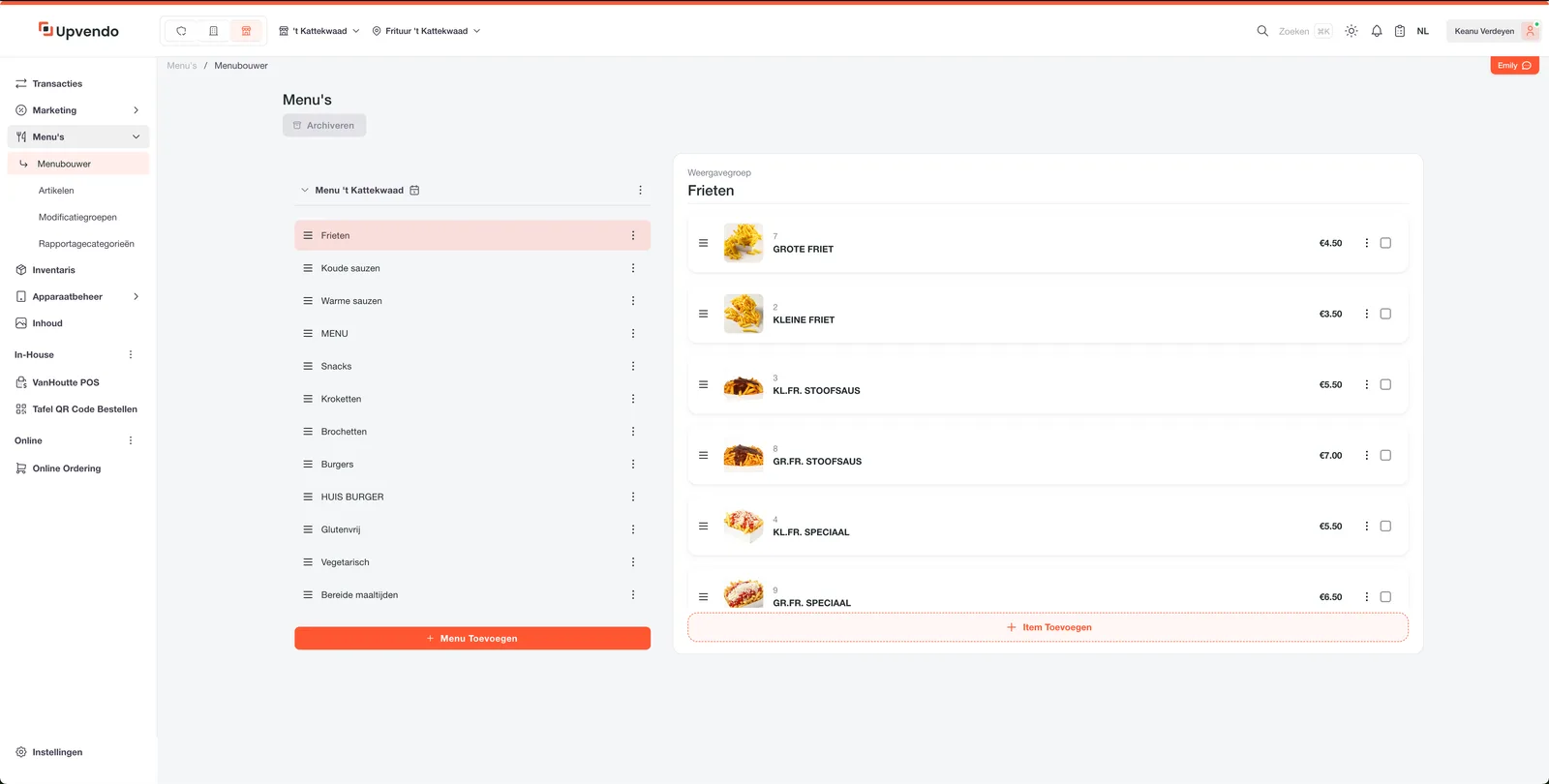 Menubouwer in de Upvendo-backoffice