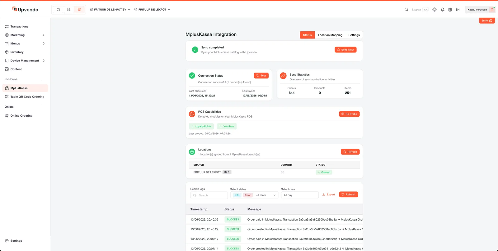MplusKassa-integratie in de Upvendo-backoffice met sync-status en filialen